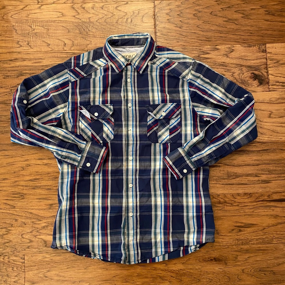 PD&C Mens Plaid Button Down Shirt Navy Blue Red Cotton Western‎ Long Sleeve M